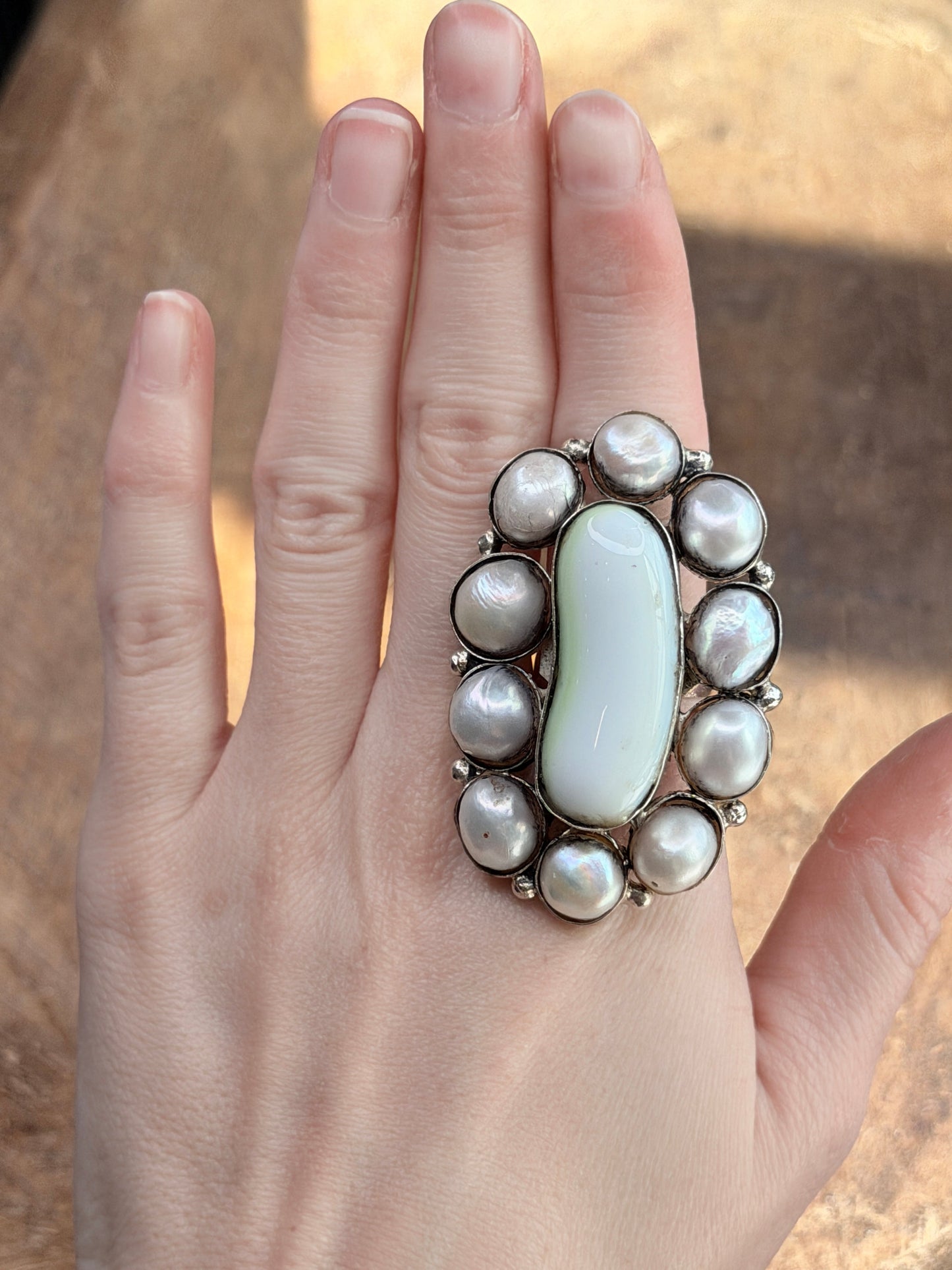 German Silver Agate and Pearl Cluster Ring