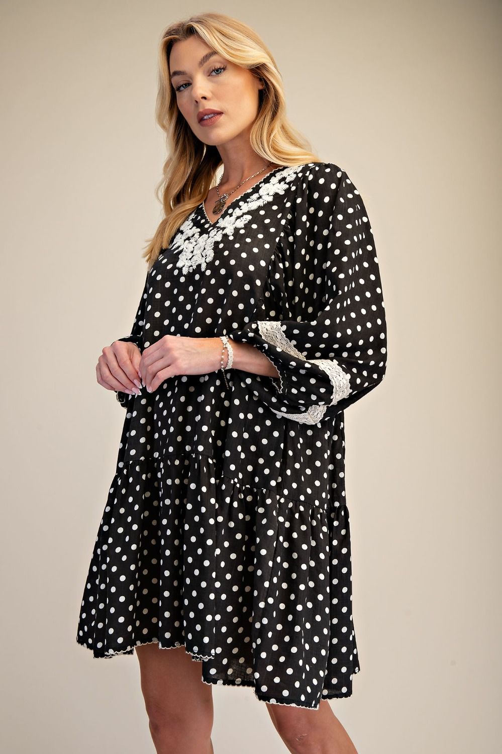 EASEL - Polka Dot Crochet Trim Dress (Black) *Final Sale*
