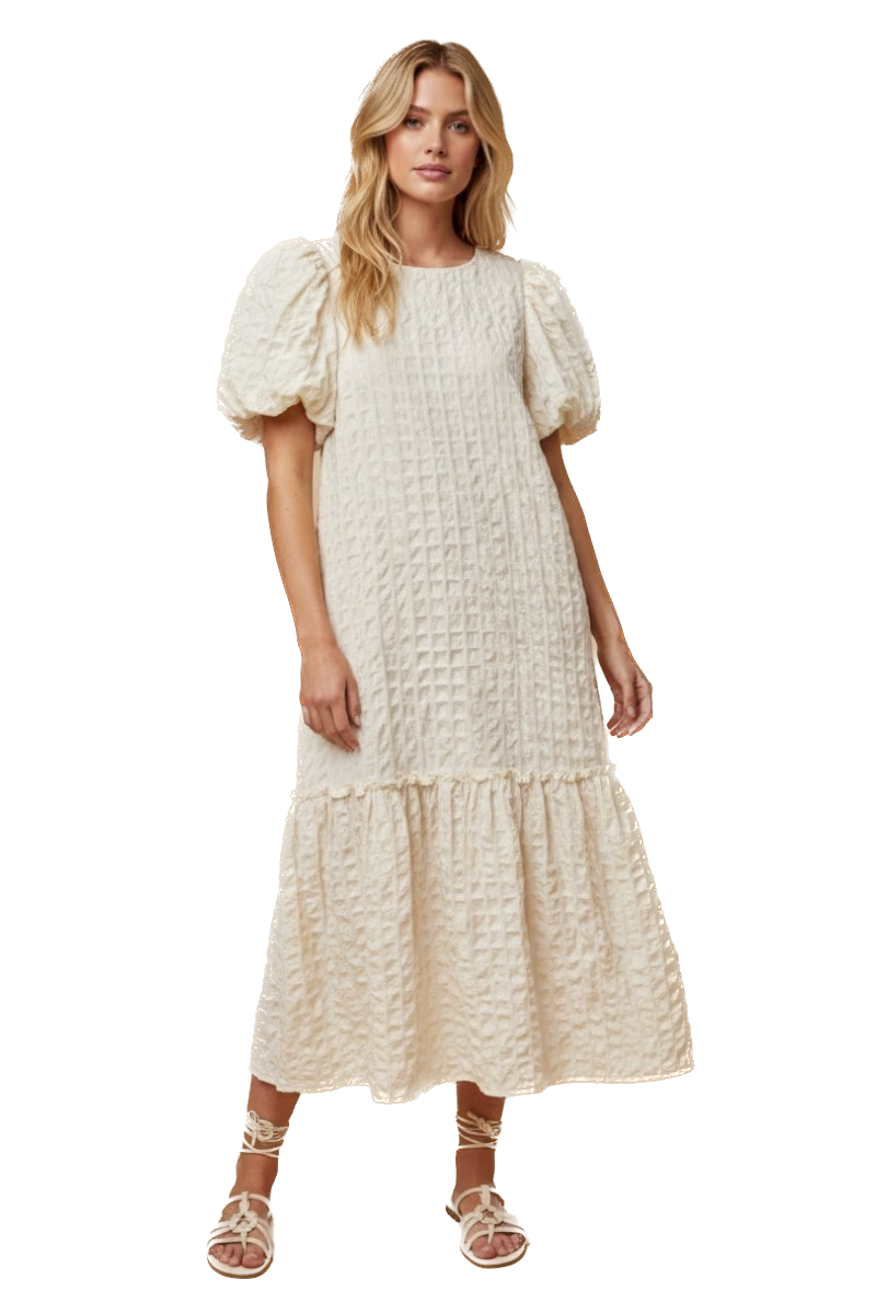 J.NNA- Embossed Textured Puff Sleeve Midi Dress (Cream)