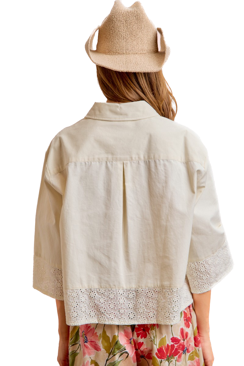 Bibi- Eyelet Lace Hem Quarter Sleeve Top (Butter)