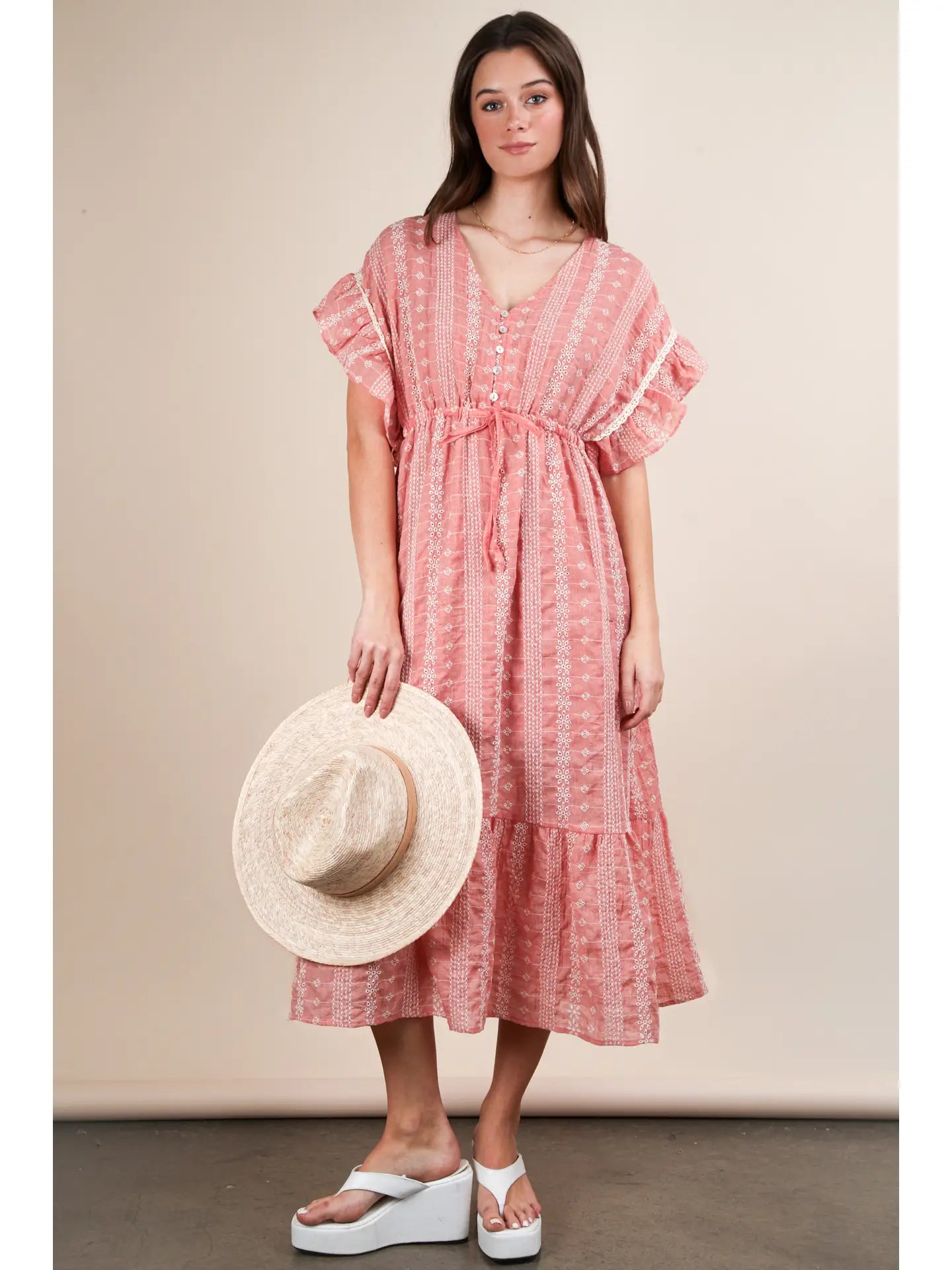Very J Embroidered Boho Ruffled Midi Dress in Peach *Final Sale*