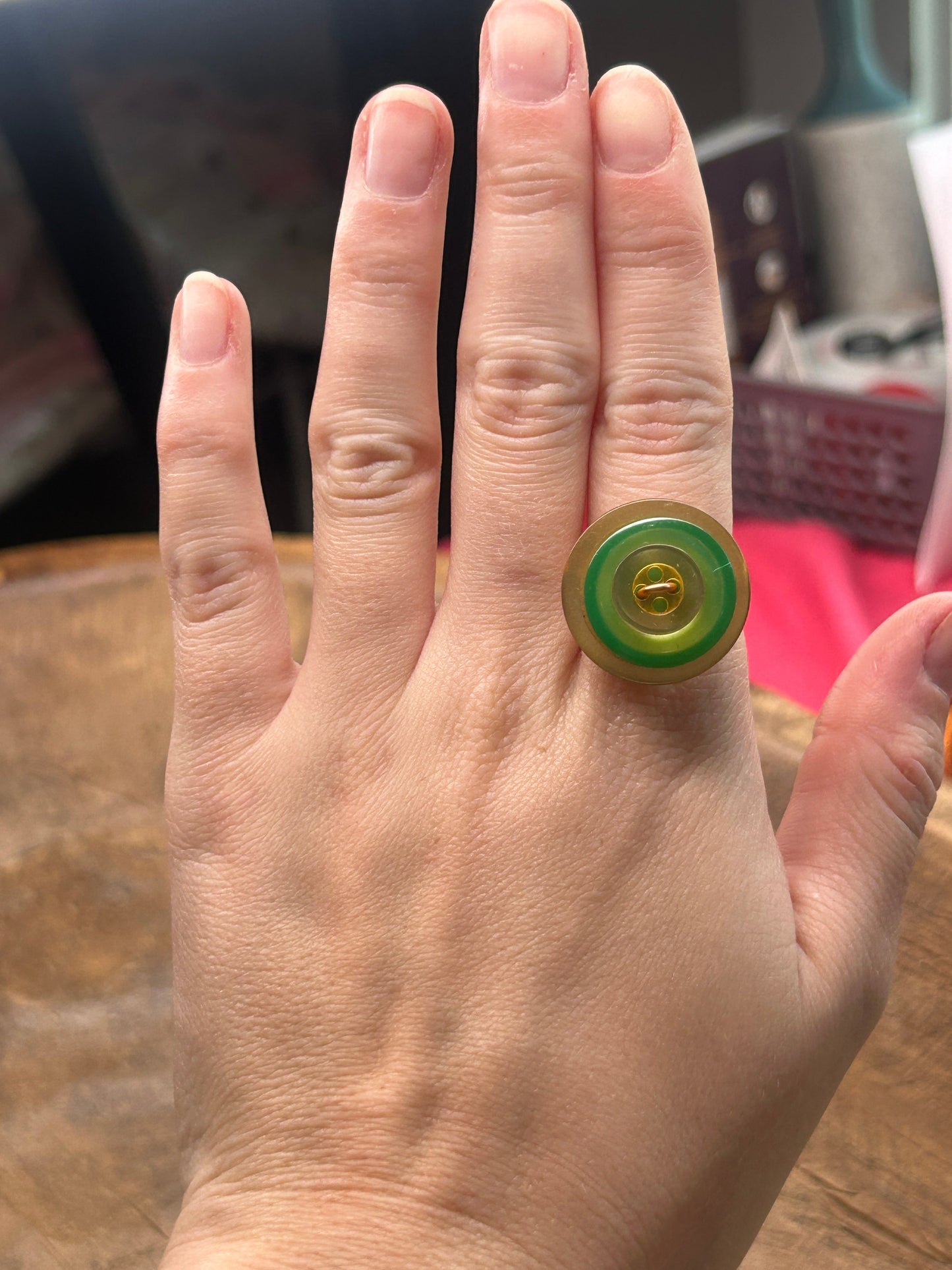 Vintage Button Wire Ring (Green and Gold)