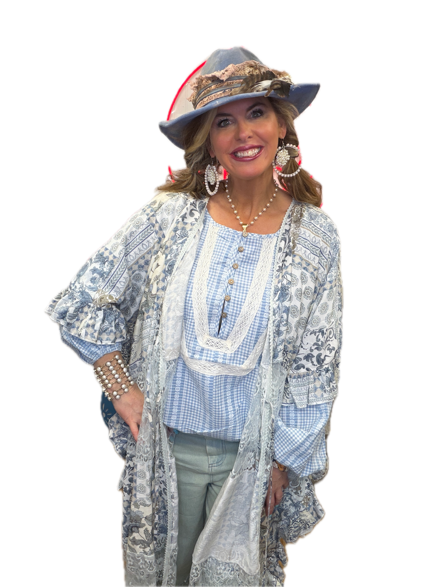 Oli & Hali- Washed Lace Mix Print Duster (Blue)