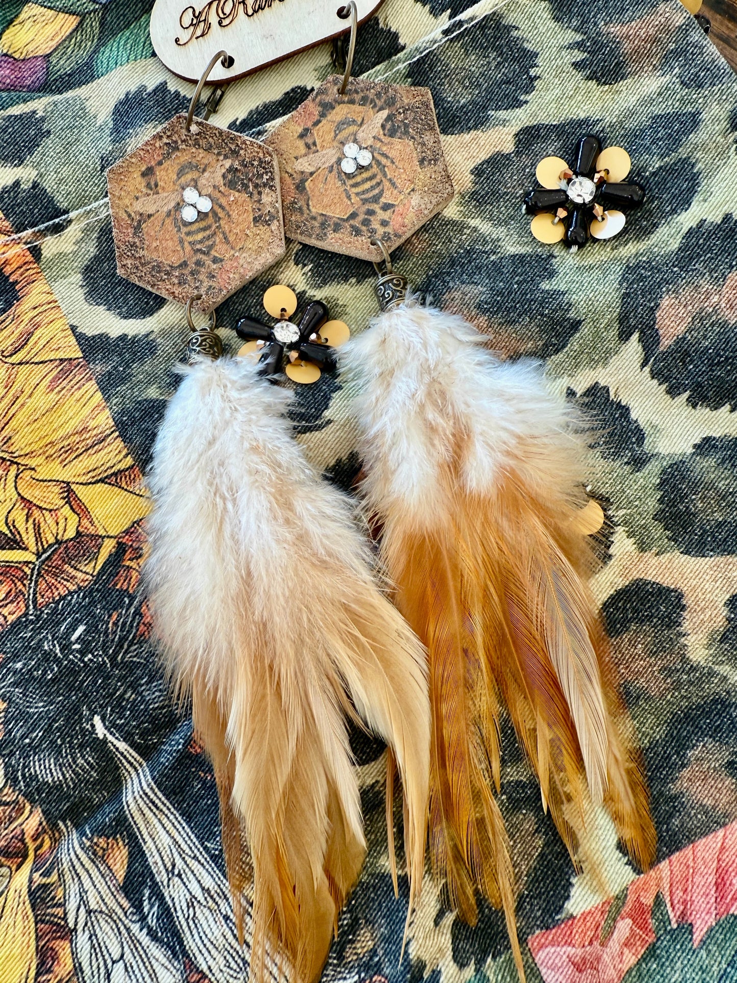 SALE A Rare Bird- Long Feather Bee Earrings