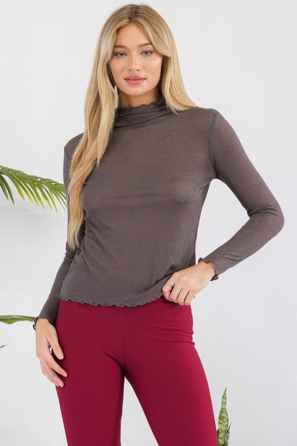 Ribbed Long Sleeve Top with Lettuce Trims (Charcoal)