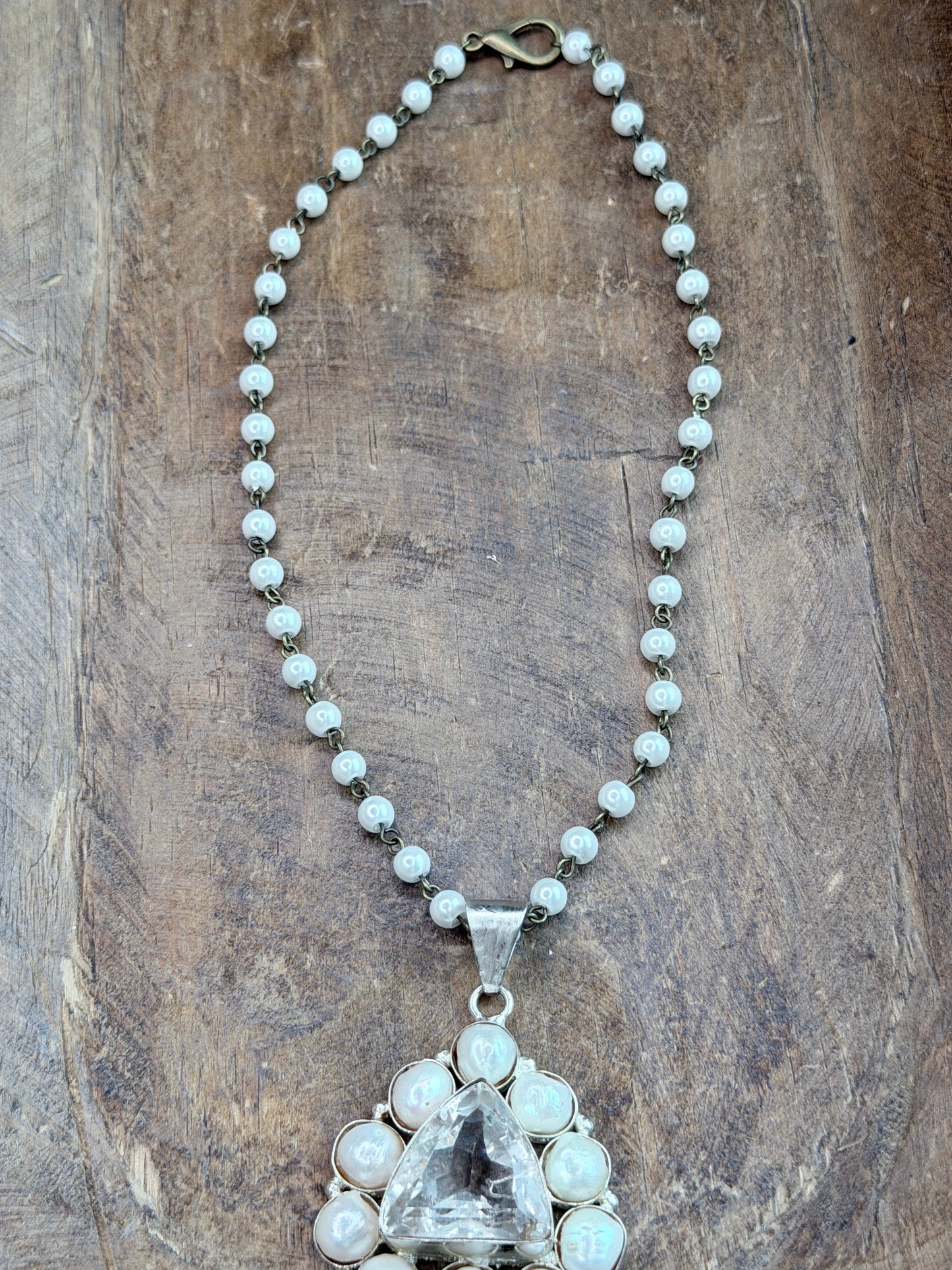 German Silver Freshwater Pearl and Clear Quartz Necklace