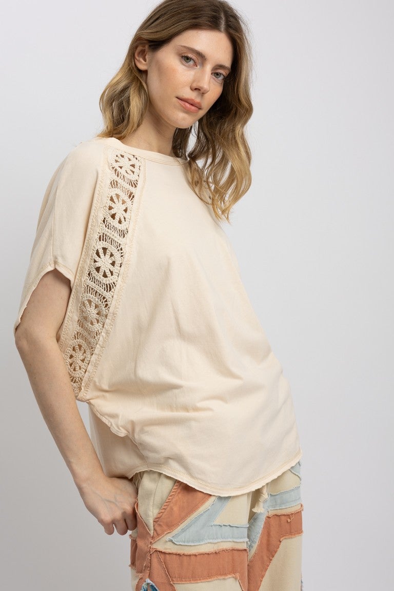 Blue Velvet- Mineral Washed Lace Accent Top (Taupe) *Final Sale*