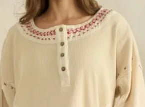 Oli & Hali- Washed X-Stitch Long Sleeve Top (Cream)