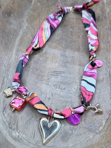 Pink and Gold Heart Charm Scarf Necklace