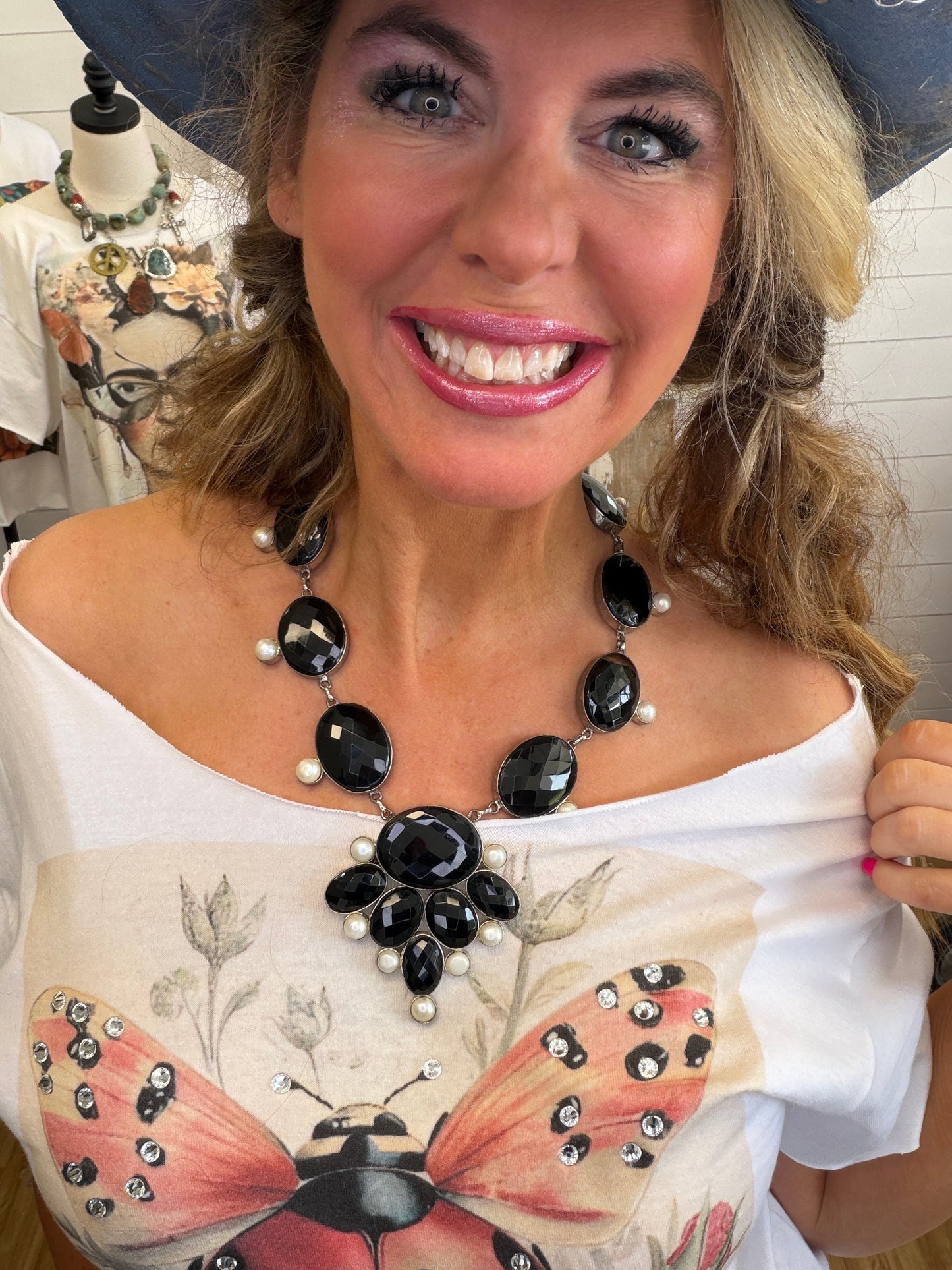 German Silver Faceted Black Agate and Pearl Necklace