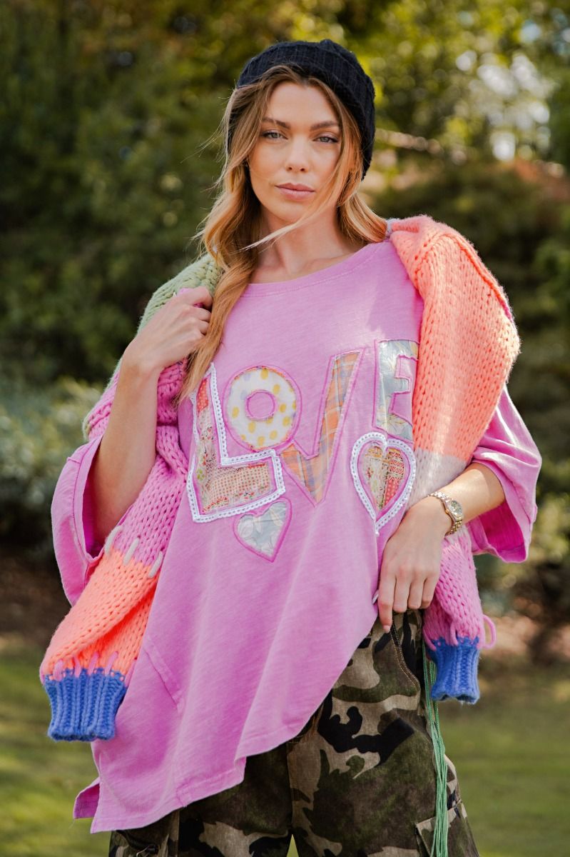 EASEL - Love Patch Cotton Slub Top (Candy Pink) *Final Sale*