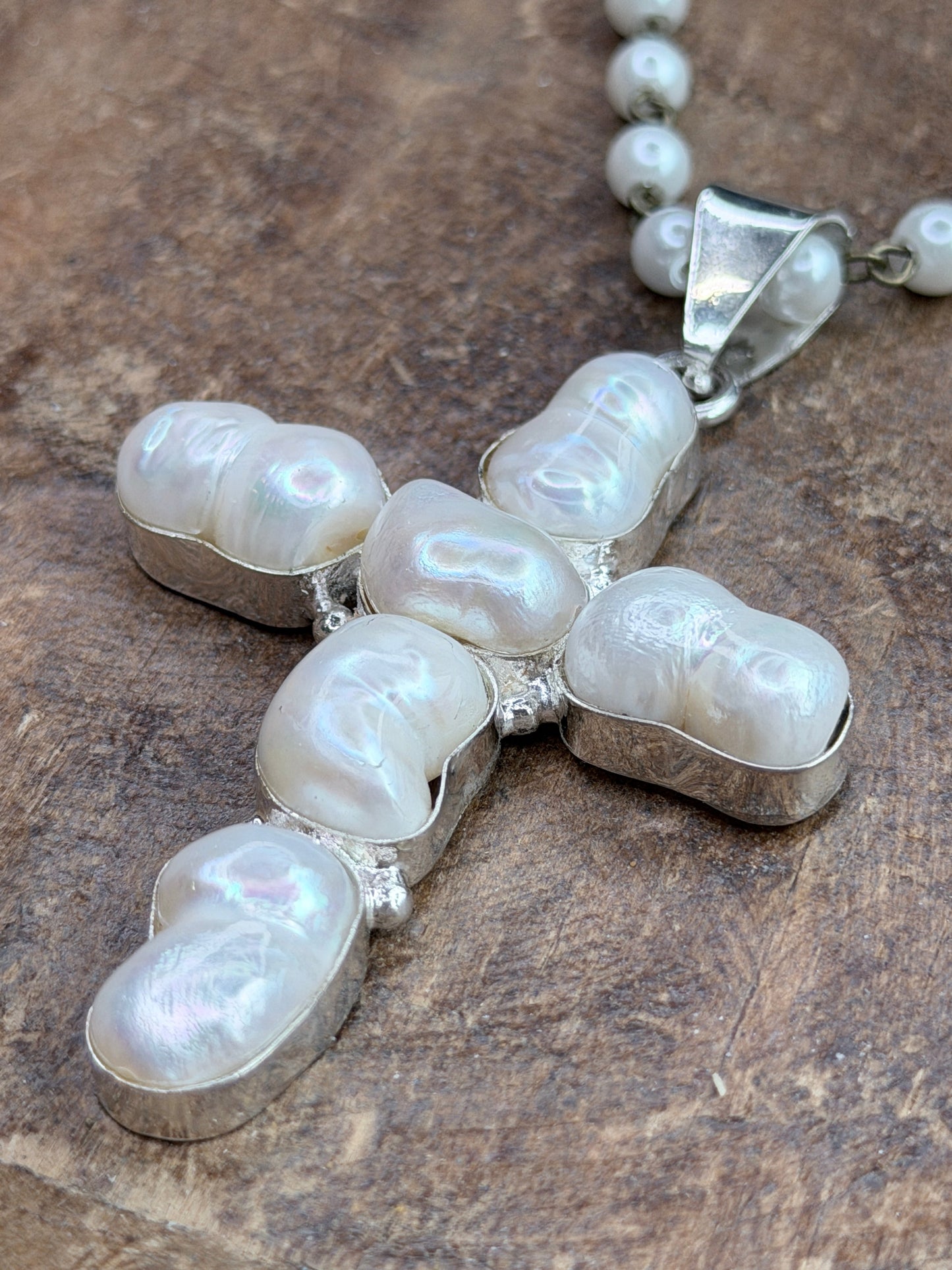 Bryn German Silver Freshwater Pearl Cross Necklace