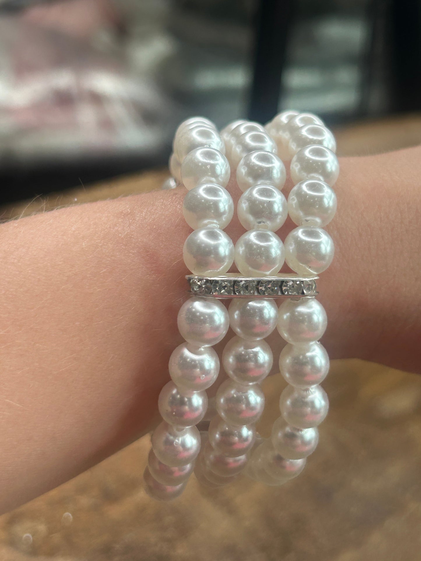 Three Strand Pearly Rhinestone Bracelet
