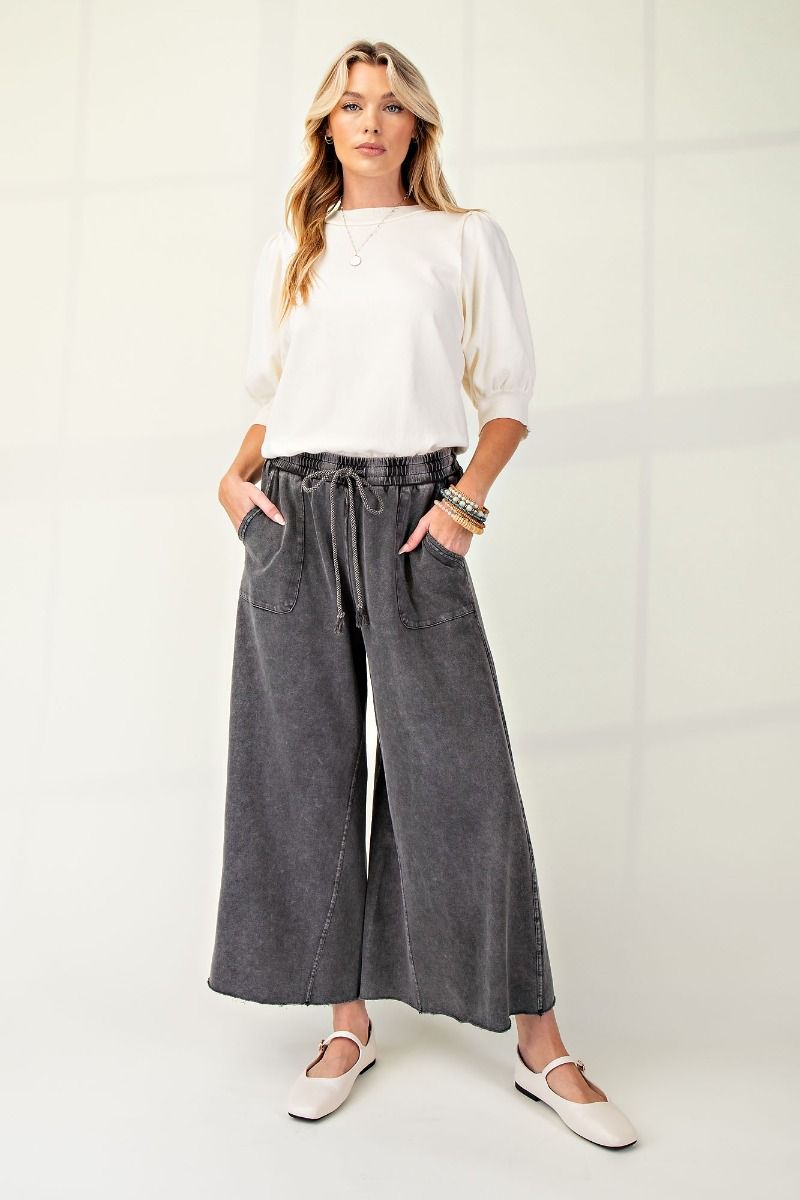 Easel- WASHED TERRY KNIT WIDE PANTS (BLACK) *Final Sale*