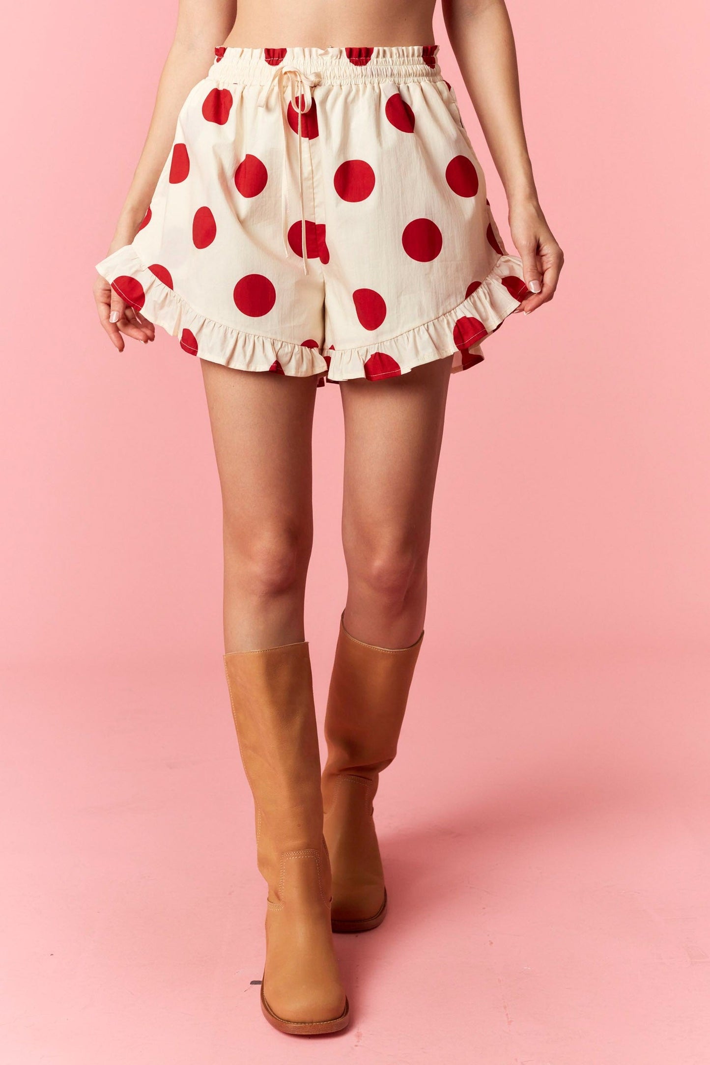 Peach Love- Wide Polka Dot Mini Ruffle Hem Detailed Flare Short (Cream/Red)