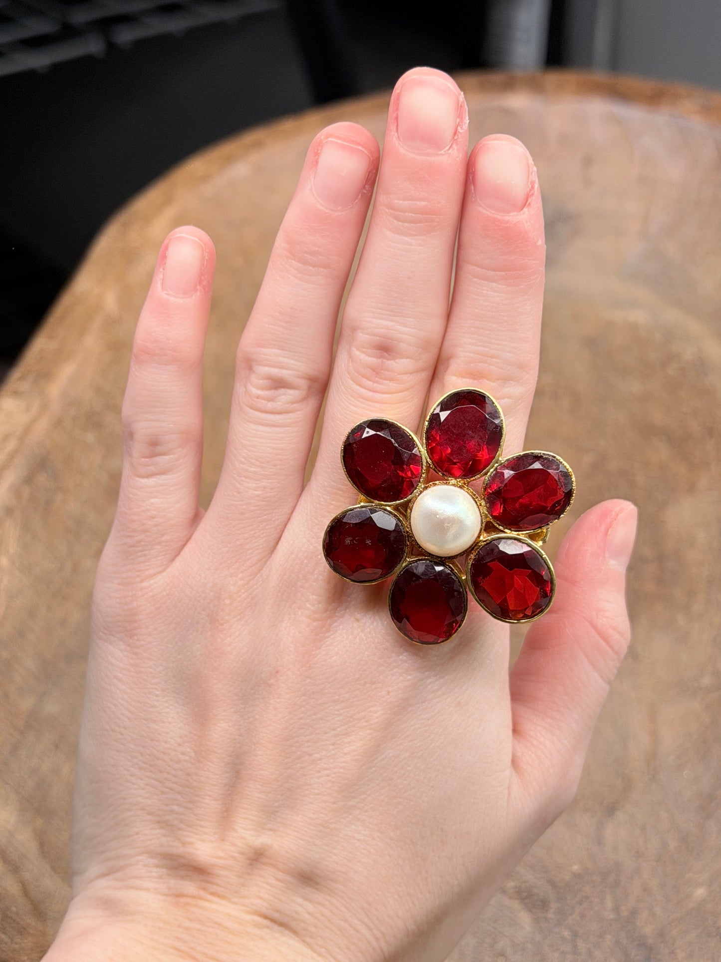 Gold Red Ruby and Pearl Cluster Ring