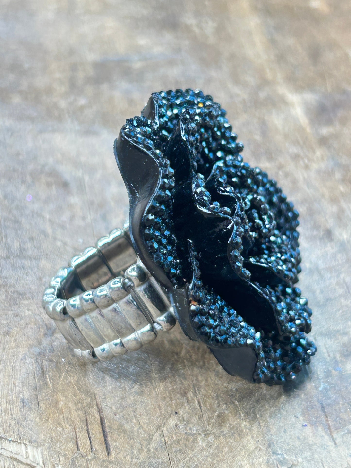 Rhinestone Black Dahlia Stretch Ring - ERR ORIGINAL