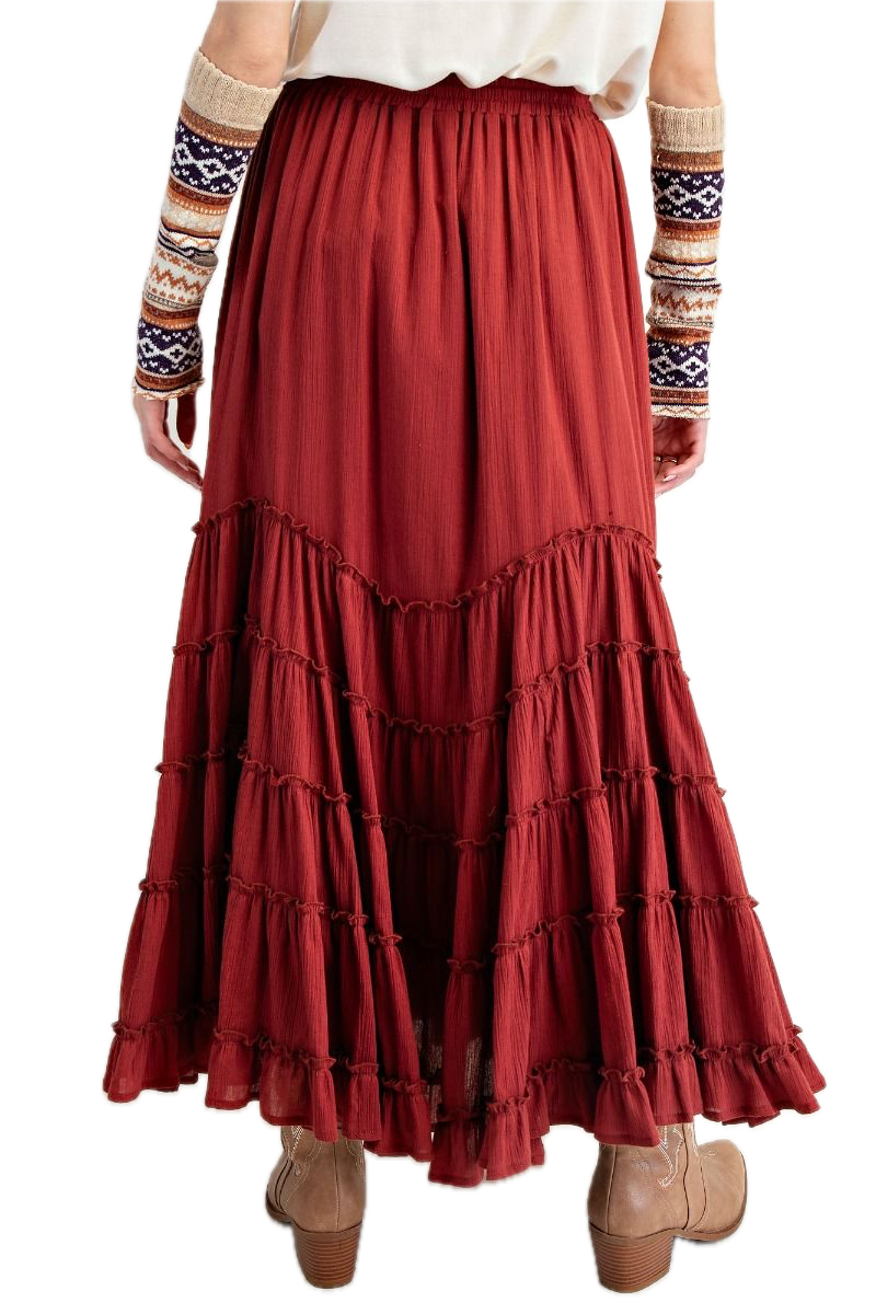 EASEL - Cotton Gauze Tiered Maxi Skirt (Maroon) *Final Sale*
