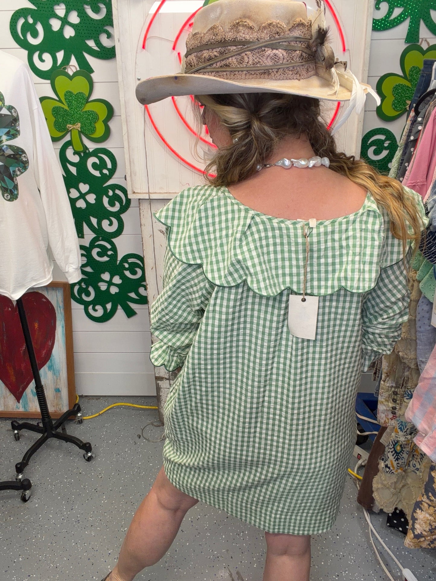 FINAL SALE EASEL - Calyx Collar Gingham Seesucker Dress (Apple Green)
