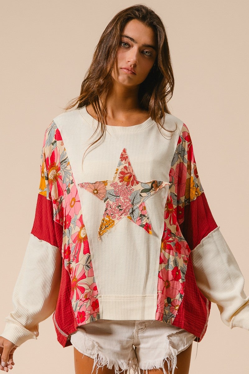 BiBi- Knit and Print Mix and Match Top (Oatmeal/Rust) *Final Sale*