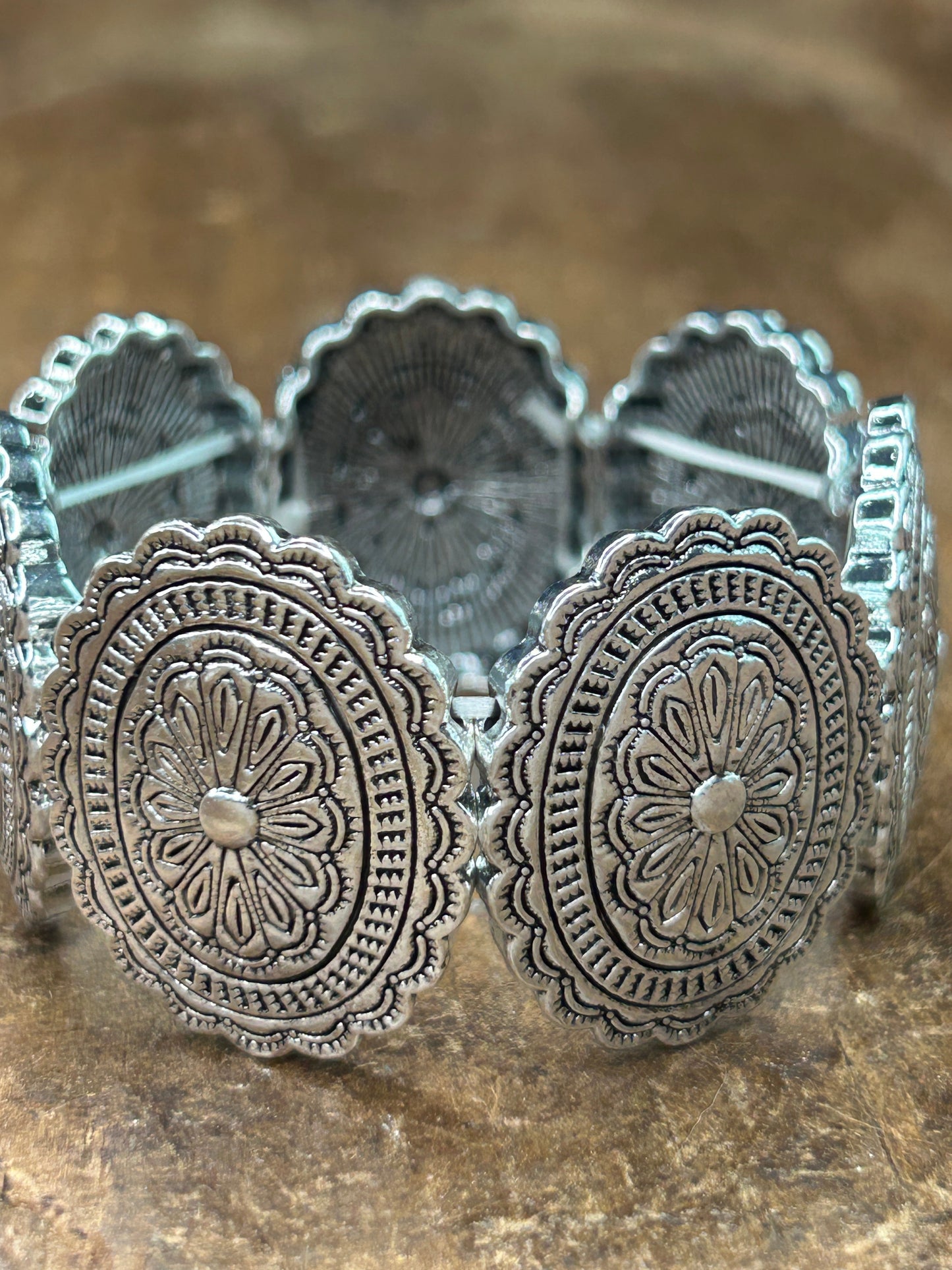 Engraved Silver Concho Stretch Bracelet