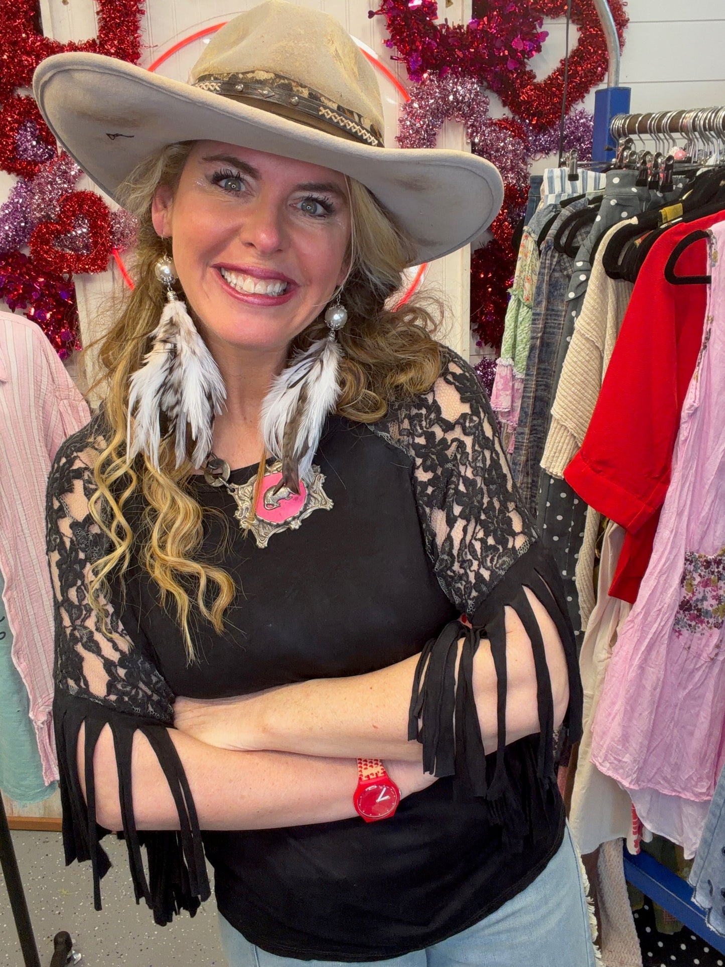 I love Linen- Lace and Fringe Sleeve Top (Black) *Final Sale*
