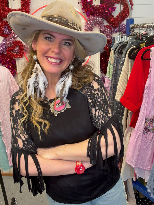 I love Linen- Lace and Fringe Sleeve Top (Black) *Final Sale*