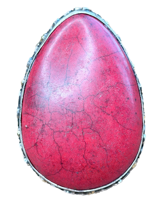 German Silver Large Coral Teardrop Ring