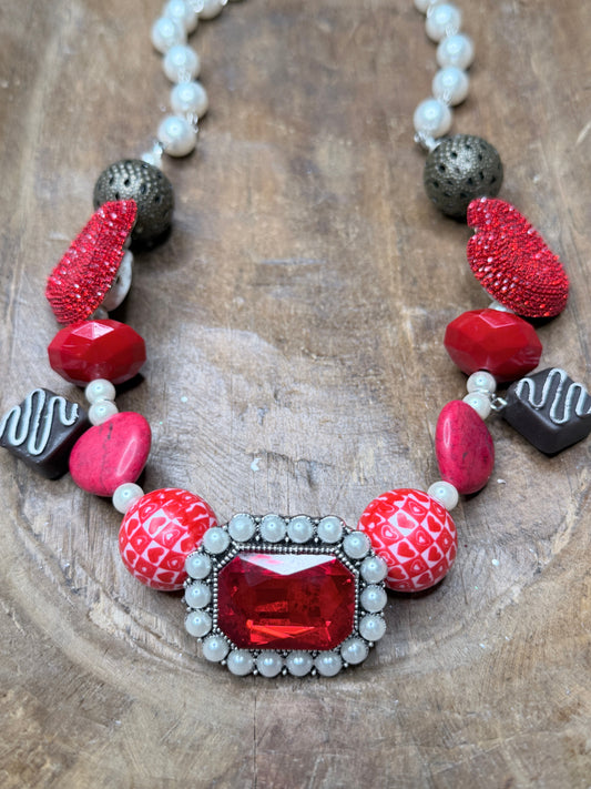 Red Rhinestone and Pearl Chocolate Necklace- ERR ORIGINAL