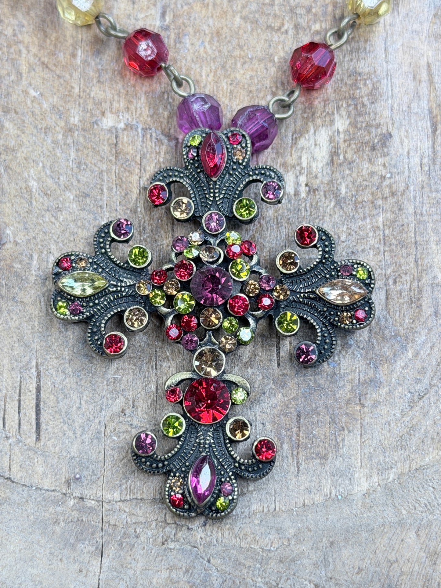 Purple and Red Crystal Cross Necklace