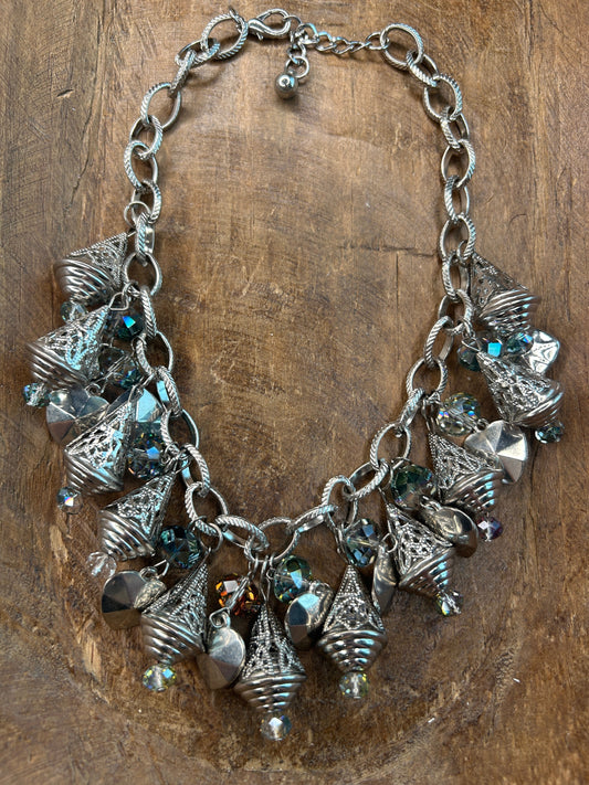 Silver Crystal and Heart Charm Necklace