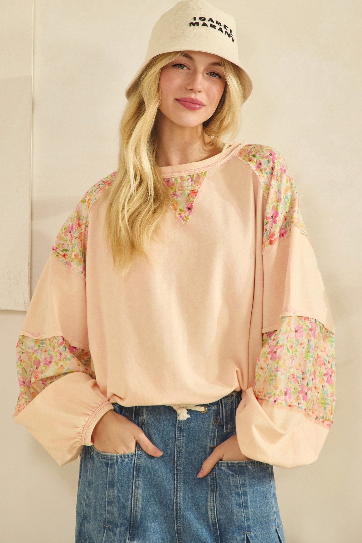 SALE Sage & Fig- Long Sleeve Patchwork Sweatshirt (Peach) *Final Sale*