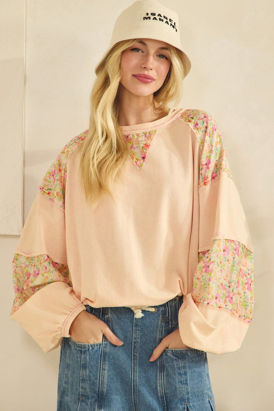 SALE Sage & Fig- Long Sleeve Patchwork Sweatshirt (Peach) *Final Sale*