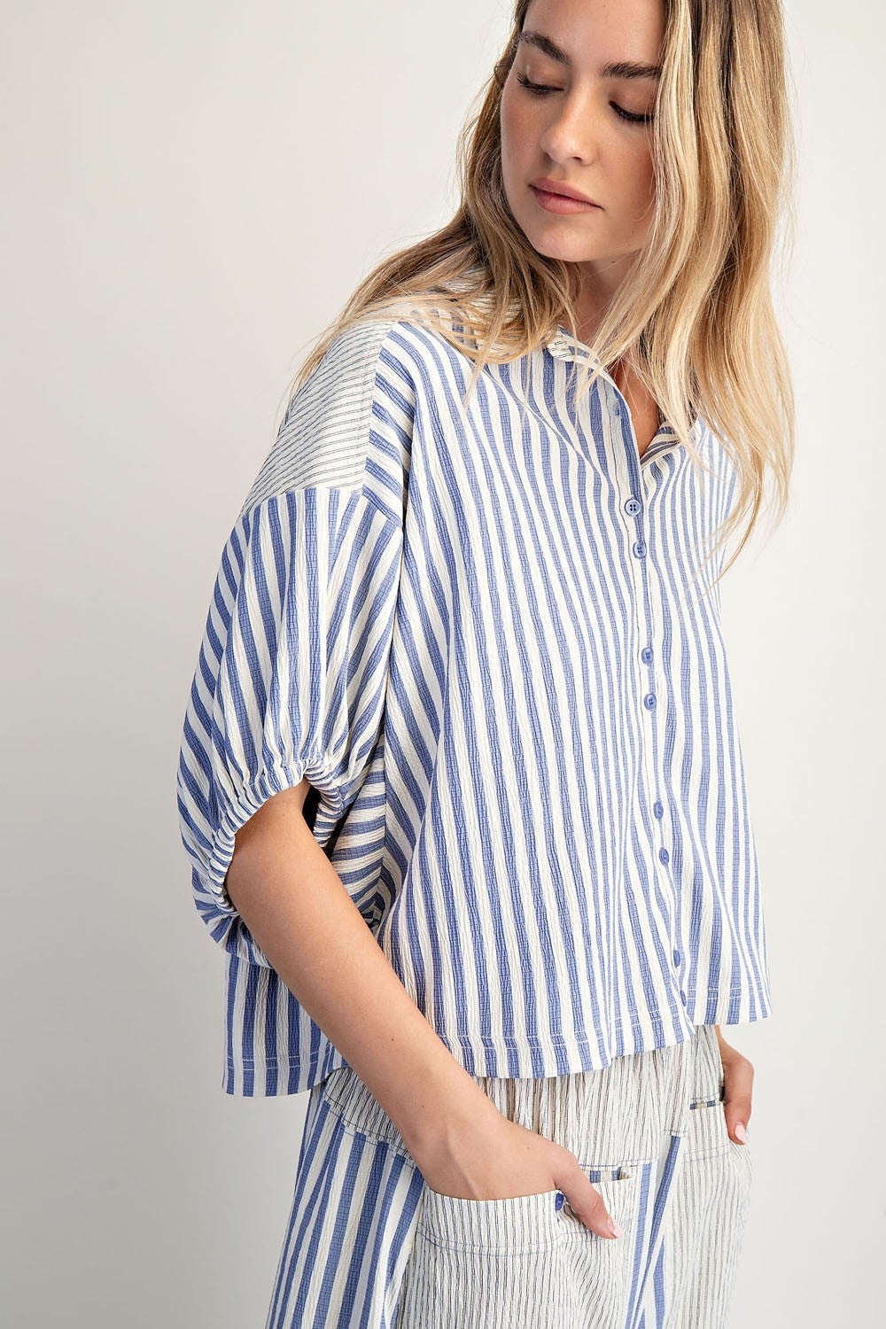 Boxy Striped Button Down Shirt (Denim/Blue)