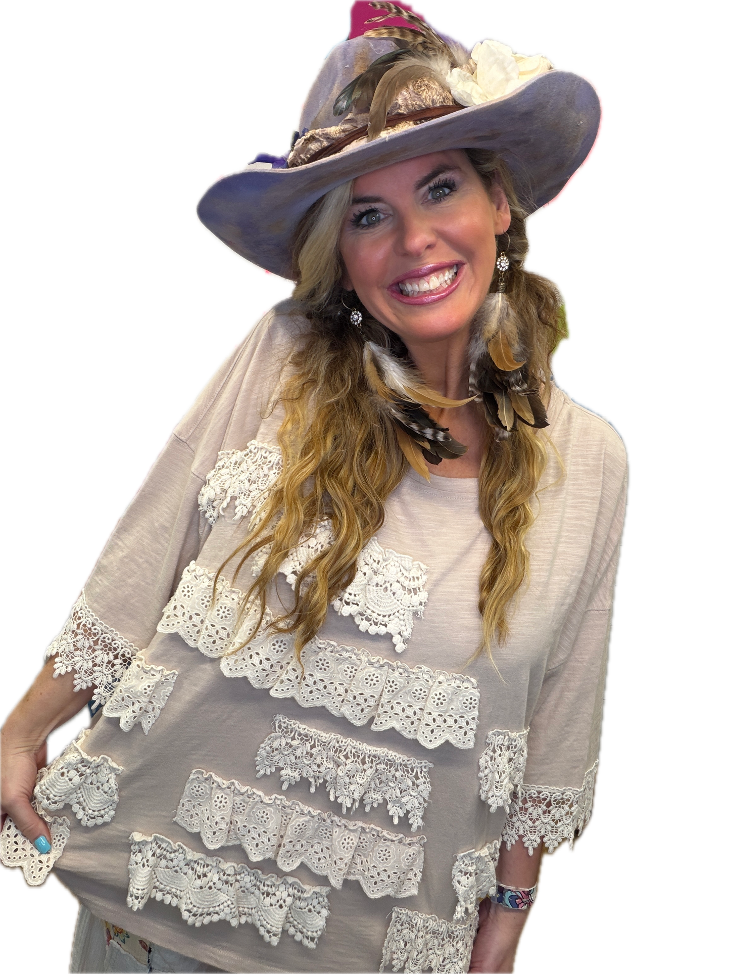 Blue Velvet- 3/4 Sleeve Crochet Work Shirt