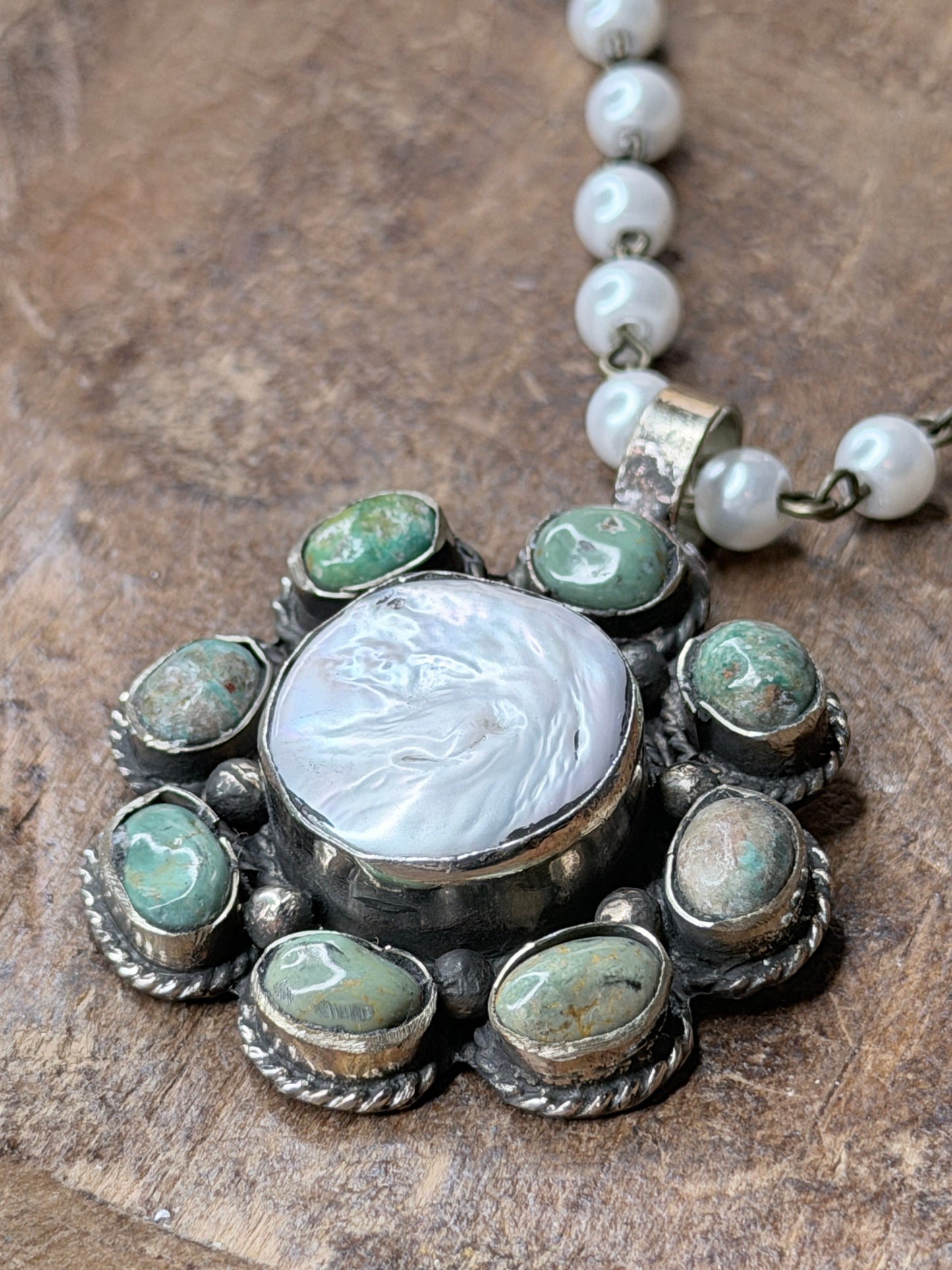 Tibetan Silver Dainty Turquoise and Pearl Flower Necklace