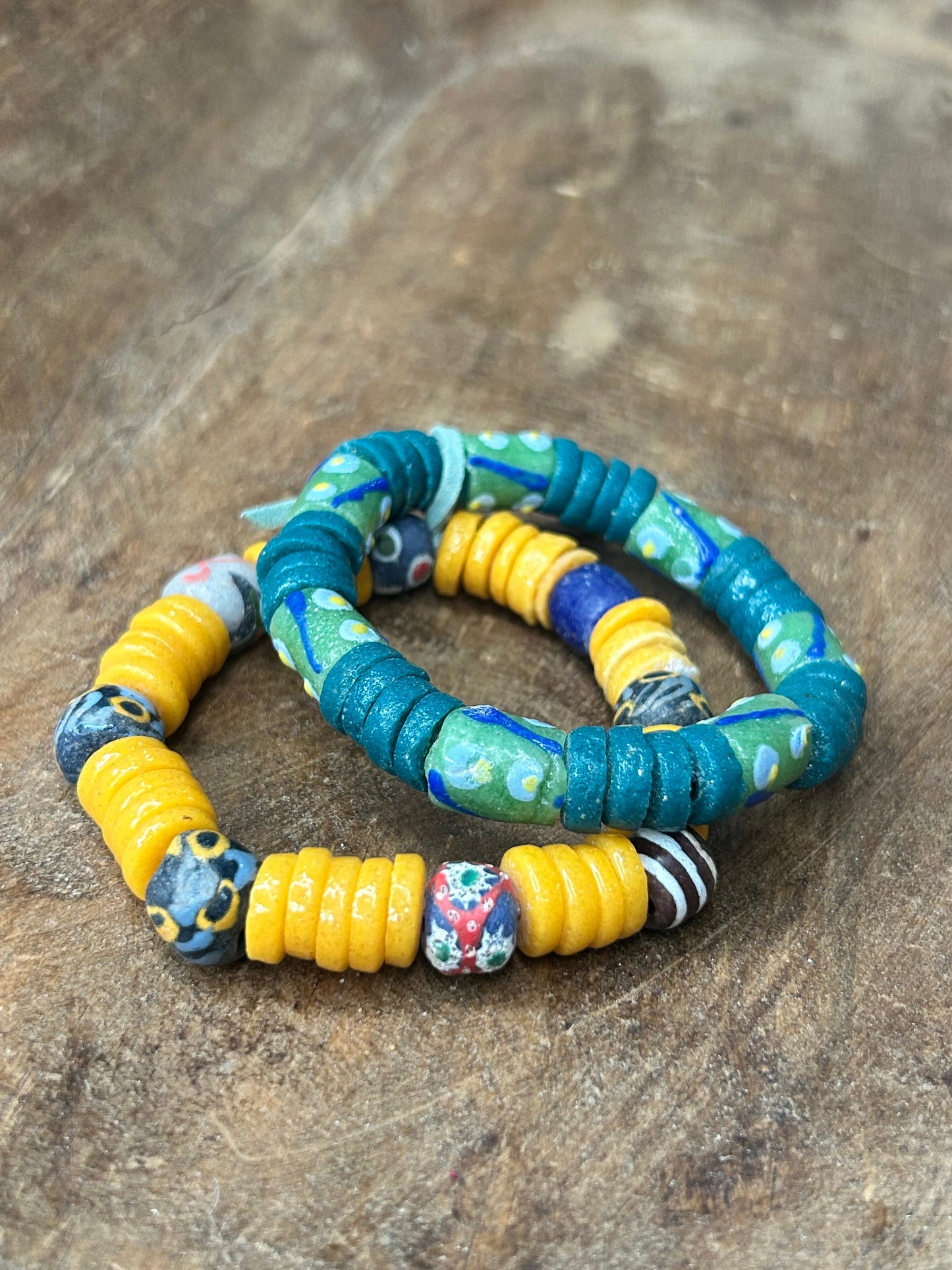 African Glass Bead Bracelet Stack (YELLOW AND GREEN)