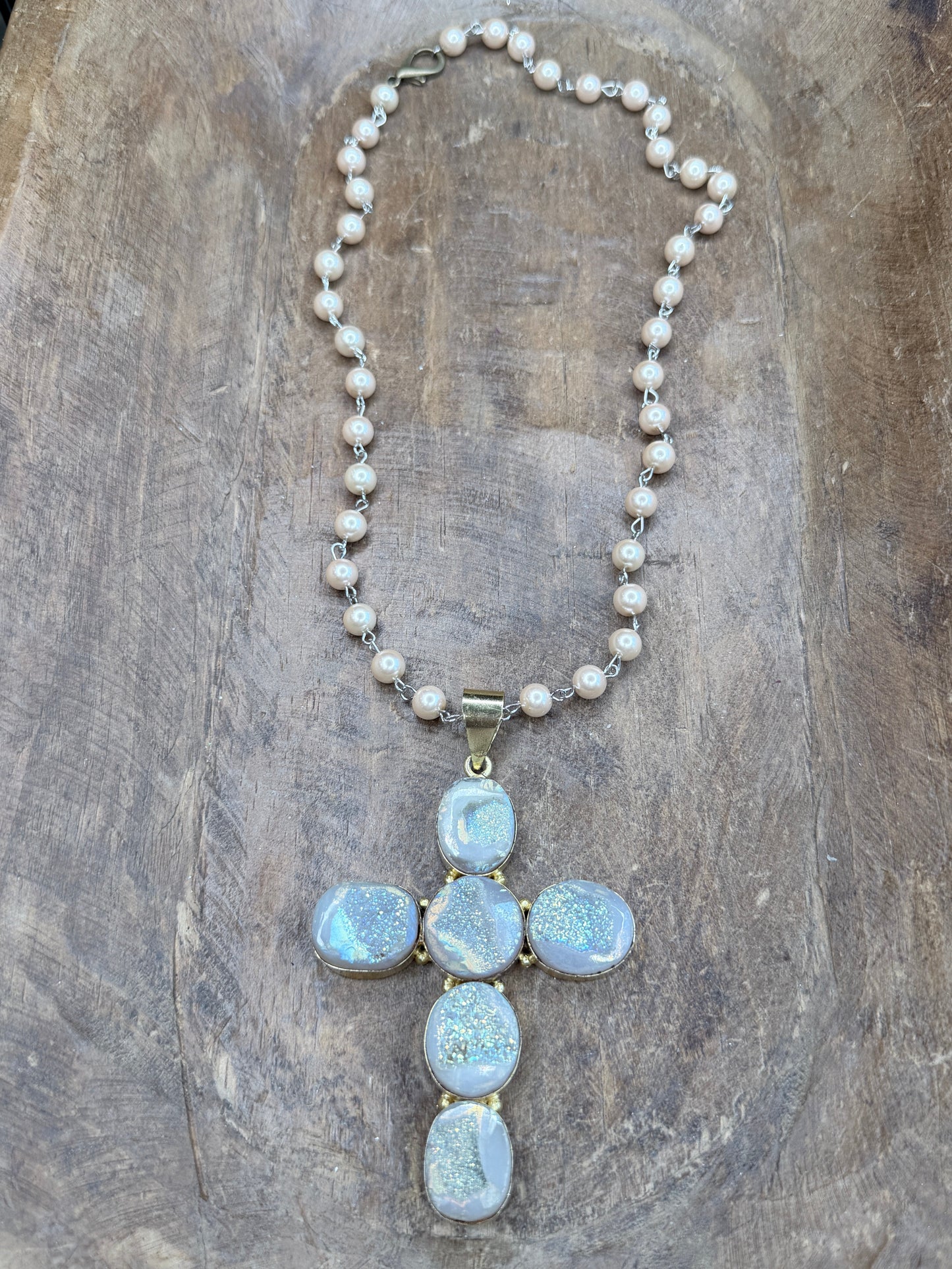 Bella German Silver Large Druzy Agate Cross Necklace