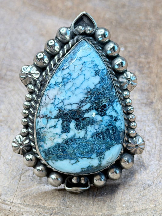 German Silver Blue Turquoise Teardrop Ring