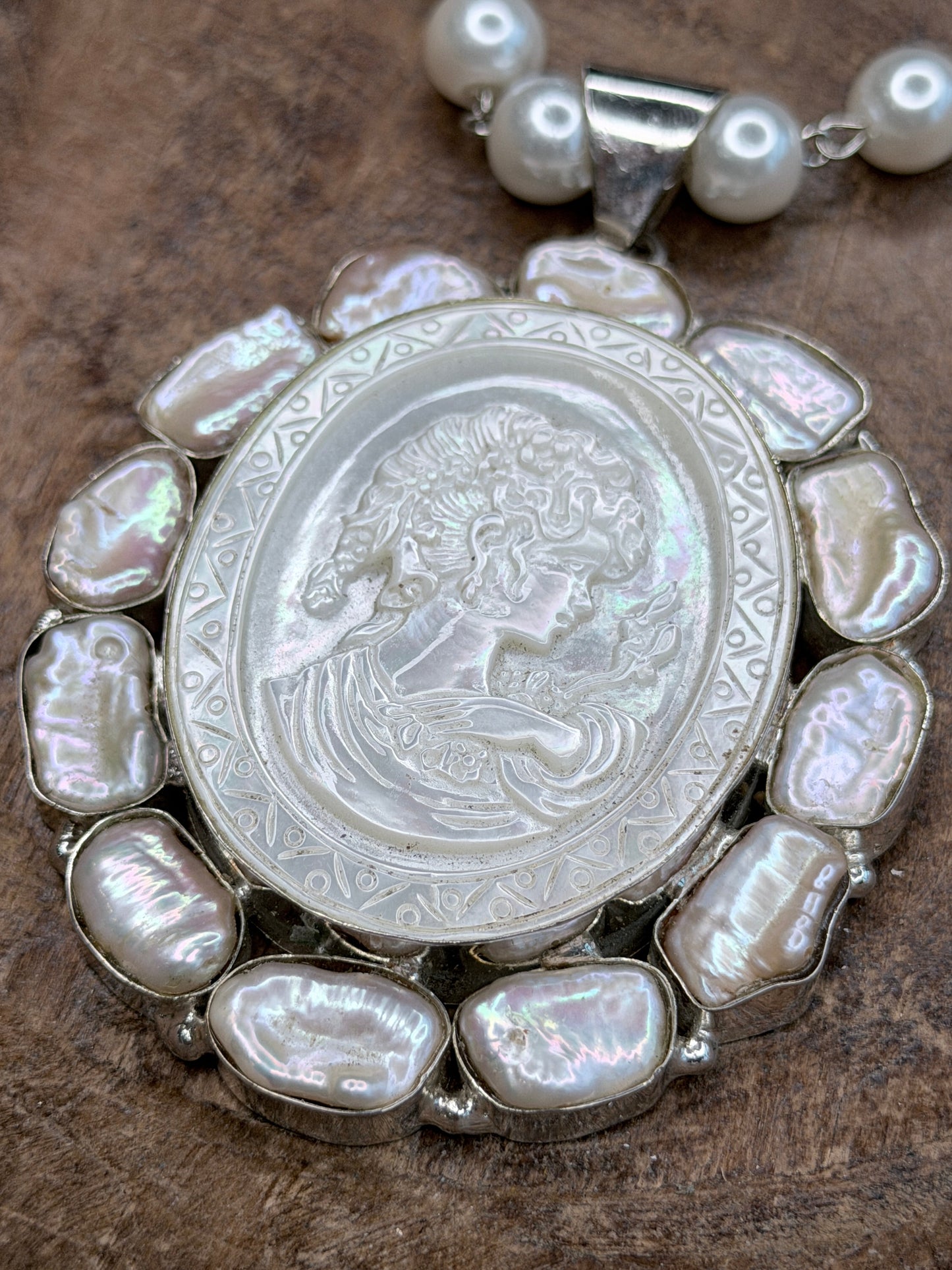 German Silver Pearl Carved  Cameo Cluster Necklace