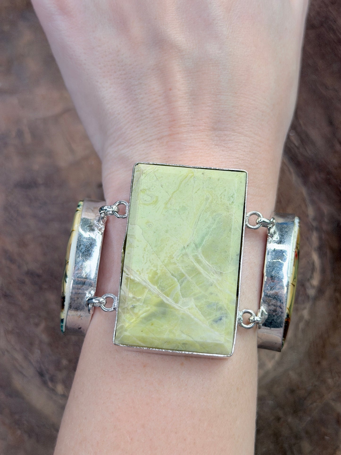 German Silver Vintage Ship and Stone Tray Bracelet