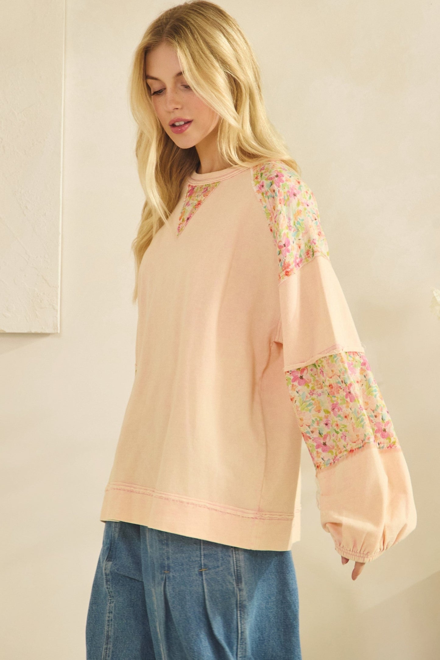 SALE Sage & Fig- Long Sleeve Patchwork Sweatshirt (Peach) *Final Sale*