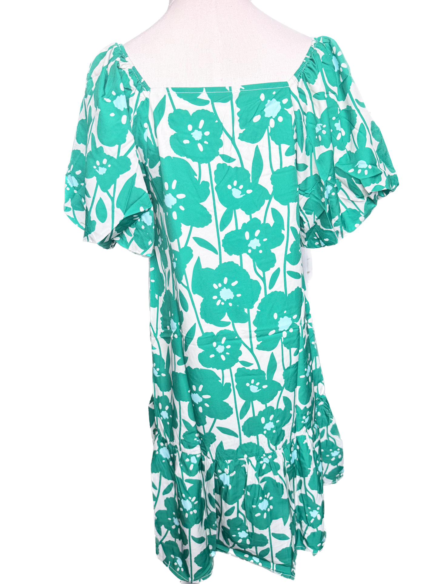 Floral Printed Bubble Sleeve Mini Dress (Green)