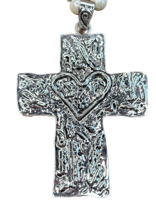 Textured Silver Heart Cross Necklace