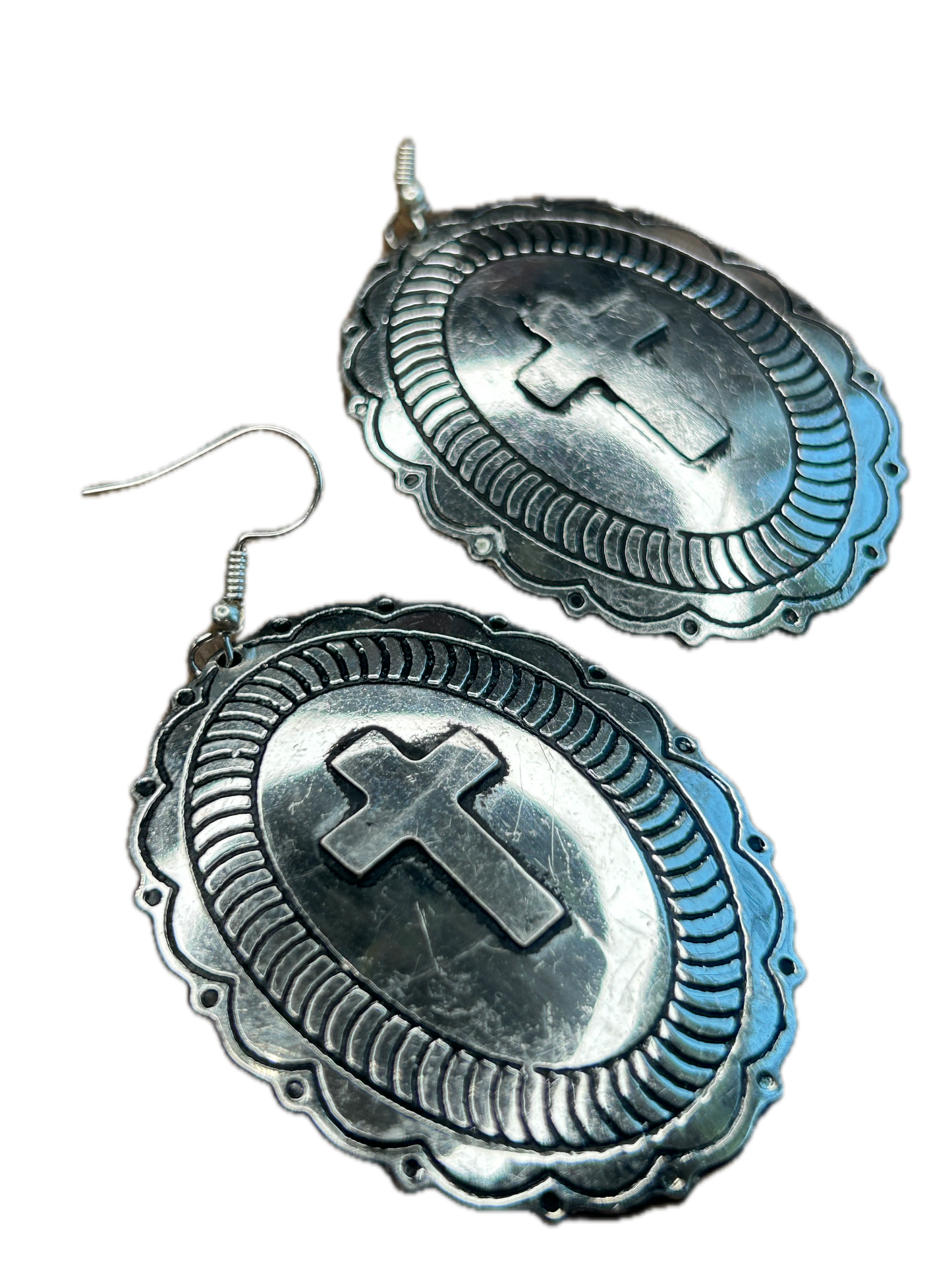 In Jesus Name Stamped Cross Earrings