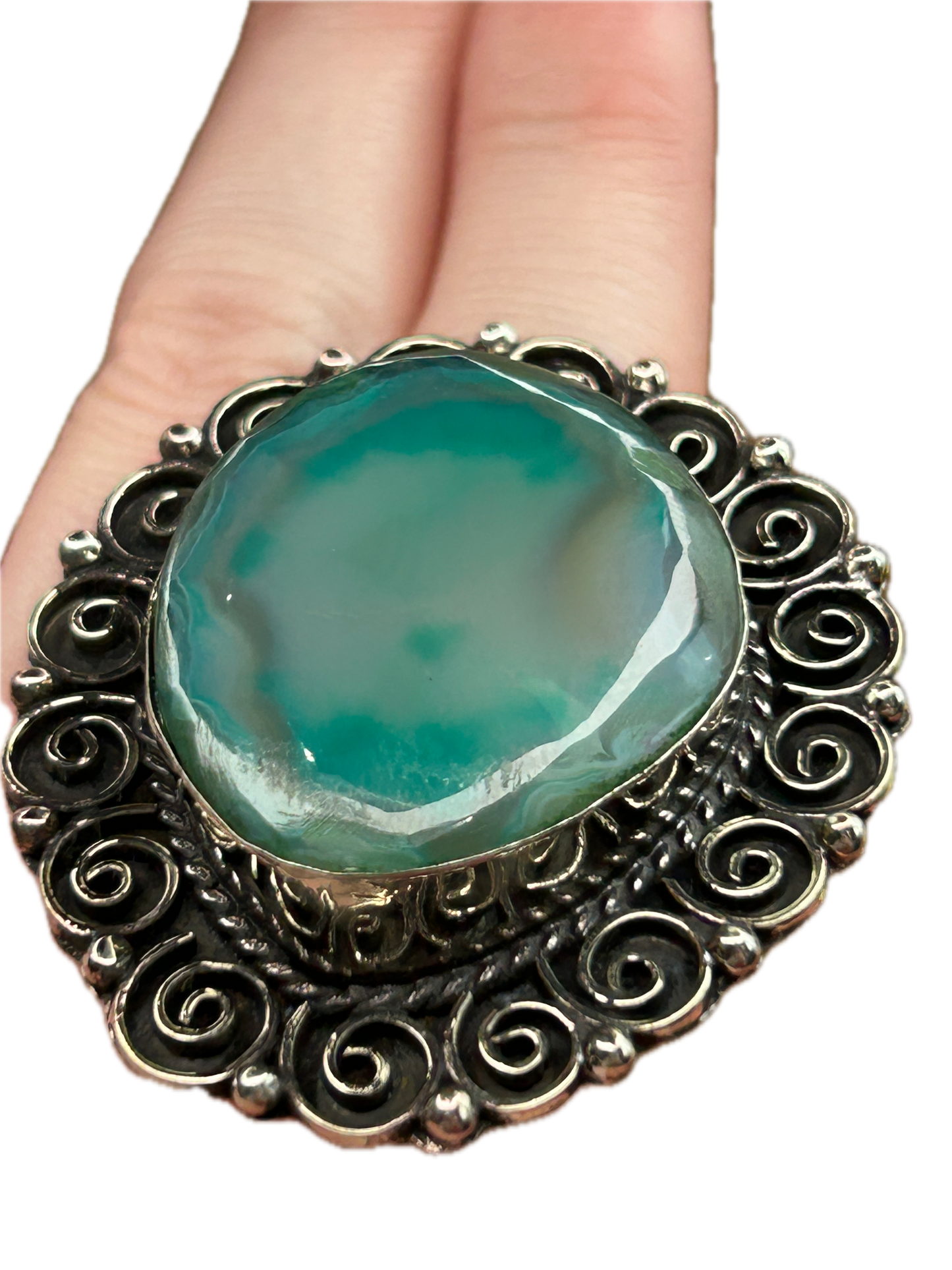 German Silver Banded Green Agate Ring