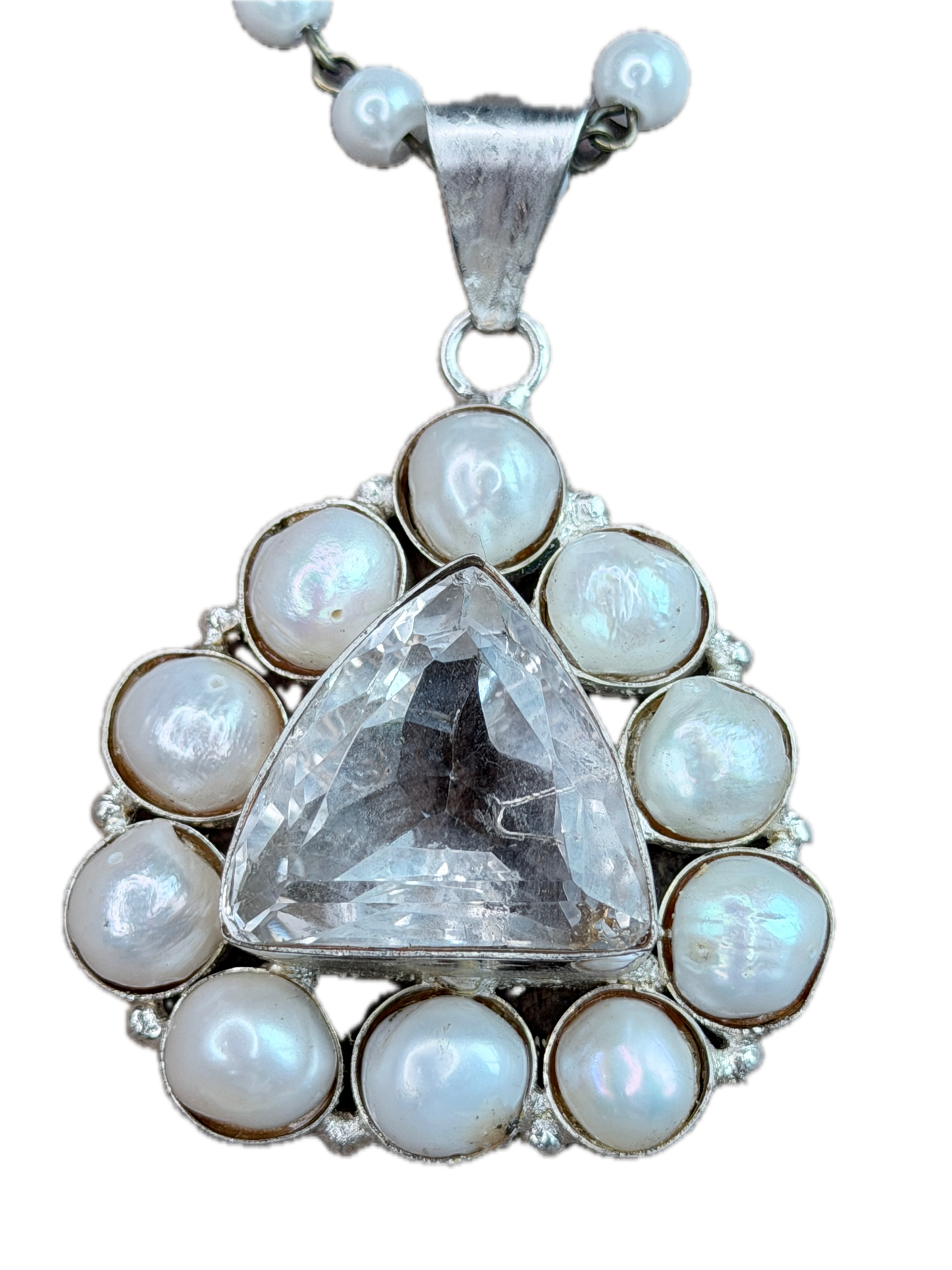 German Silver Freshwater Pearl and Clear Quartz Necklace