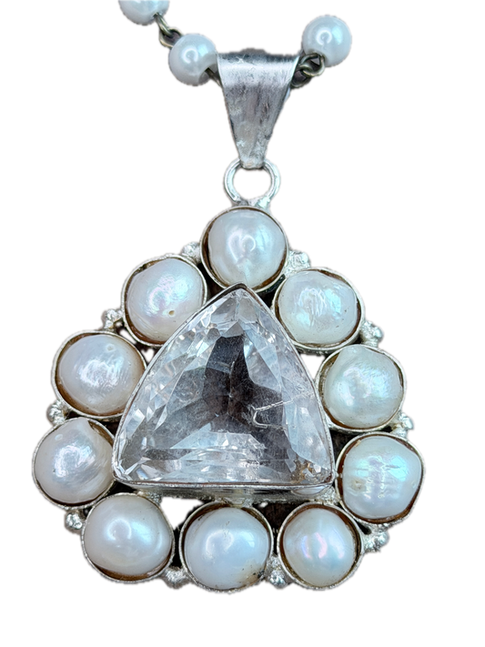 German Silver Freshwater Pearl and Clear Quartz Necklace