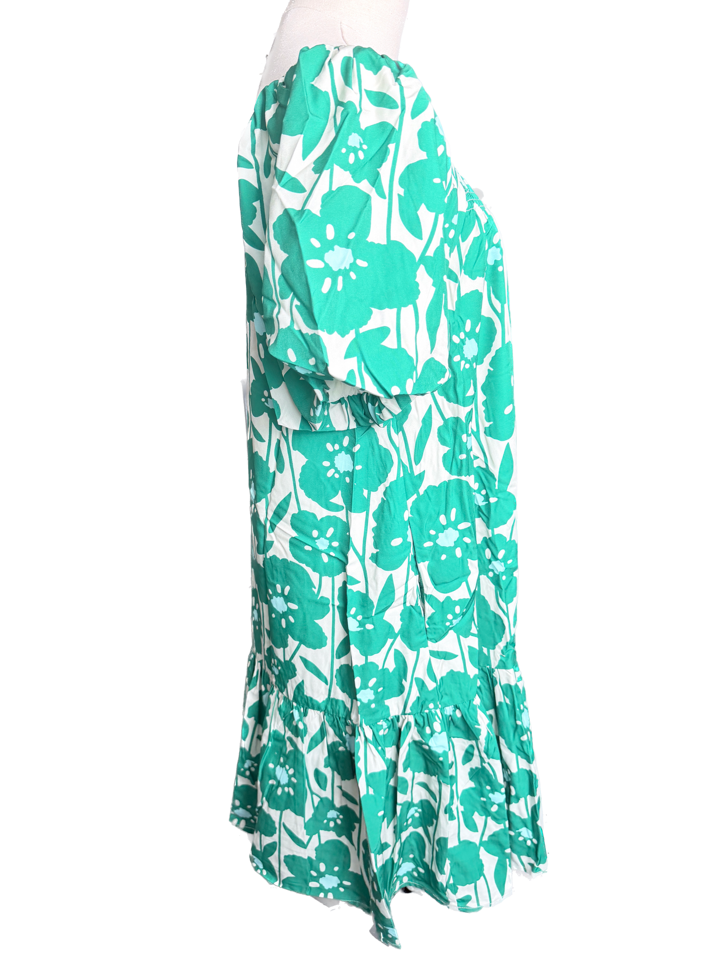 Floral Printed Bubble Sleeve Mini Dress (Green)