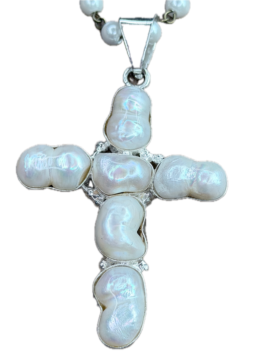 Bryn German Silver Freshwater Pearl Cross Necklace